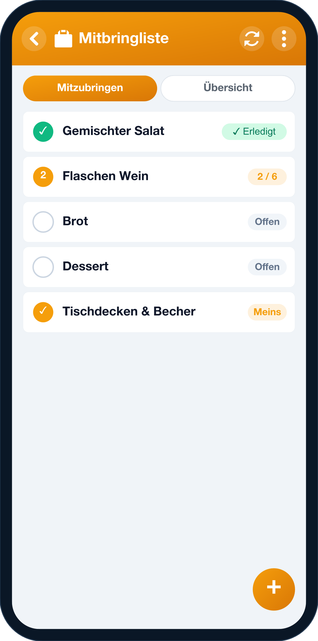 Mitbringliste-Bildschirm von YouTim
