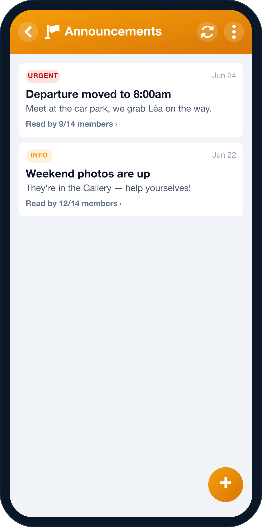 YouTim Announcements screen