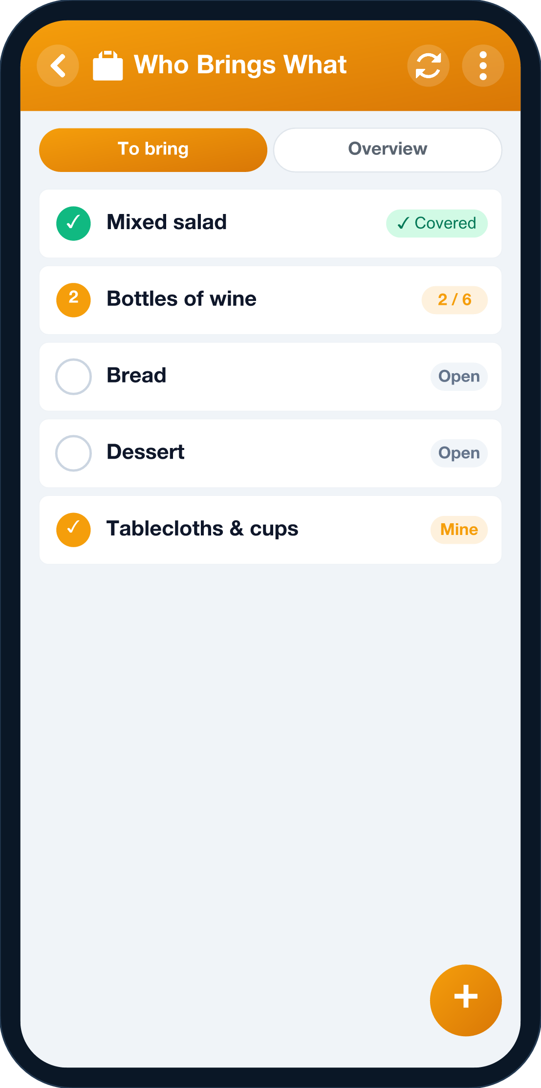 YouTim Bring-list screen