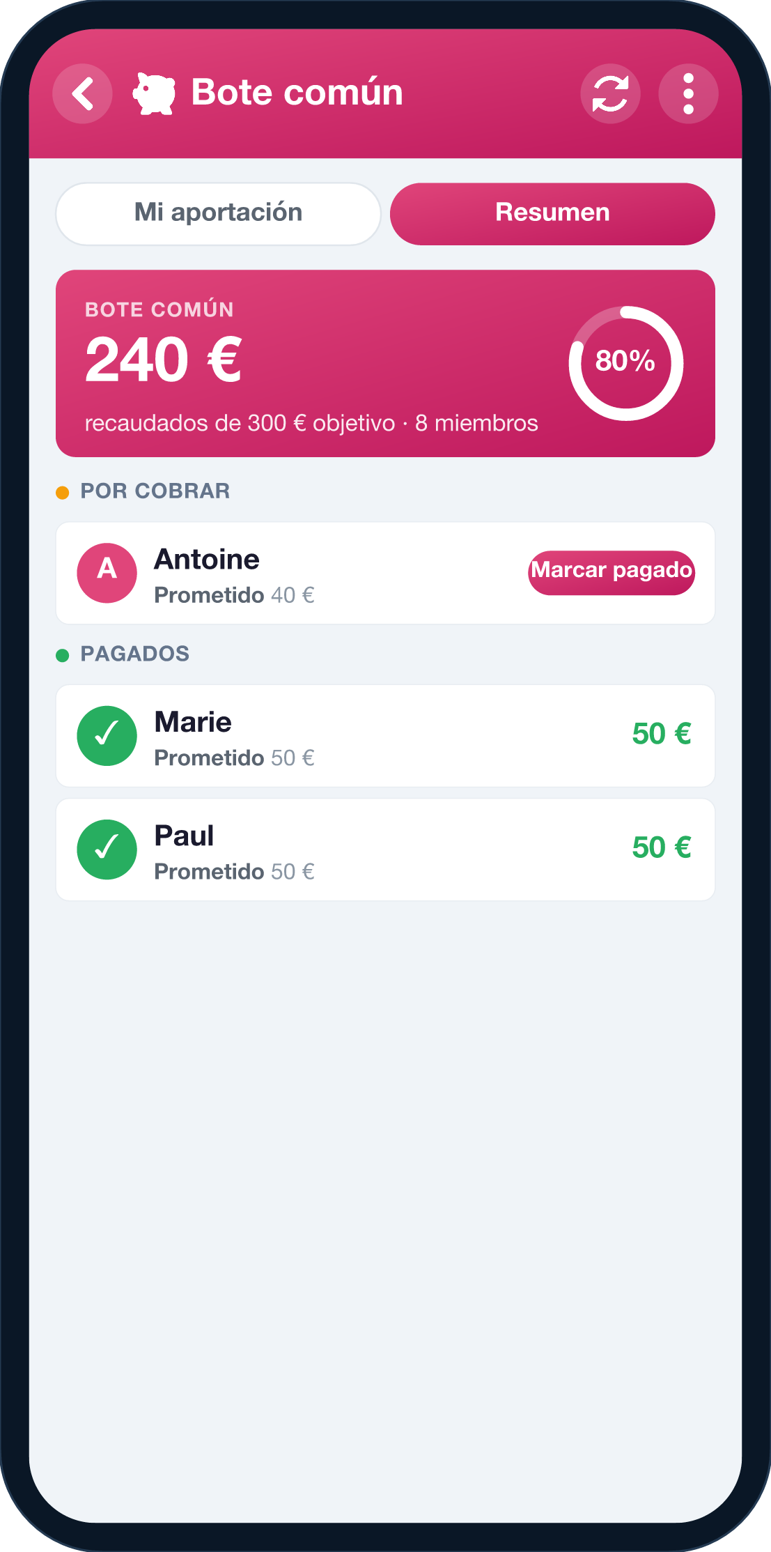 Pantalla del bote común de YouTim