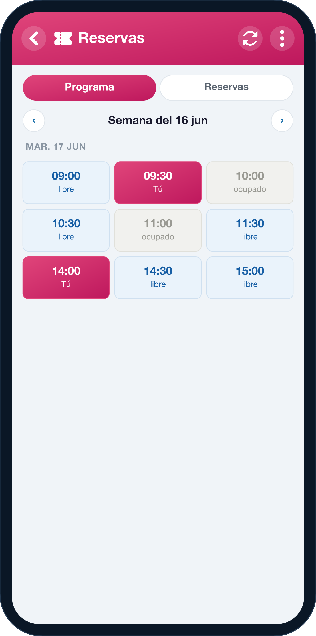 Pantalla de reservas de YouTim